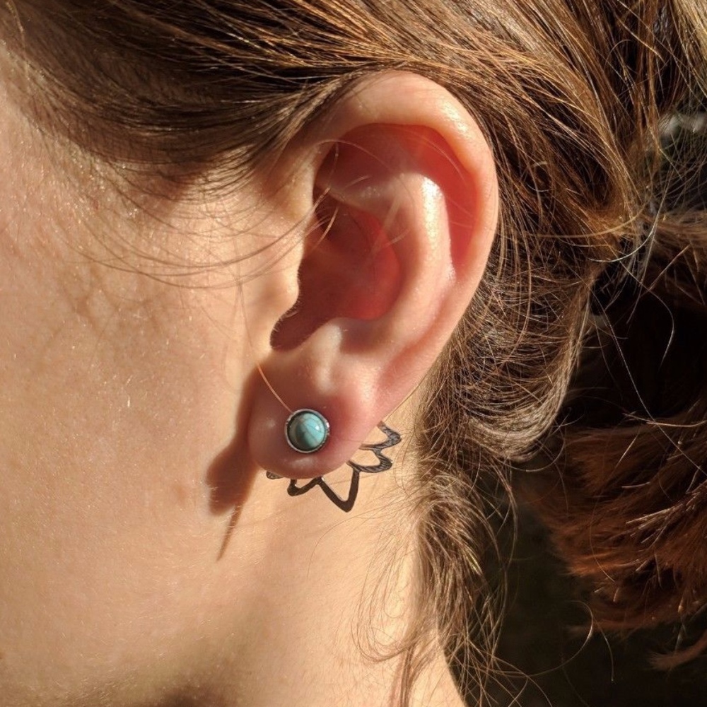 Silver Lotus Flower Blue Stone Jacket Earring - Picture 2 of 5